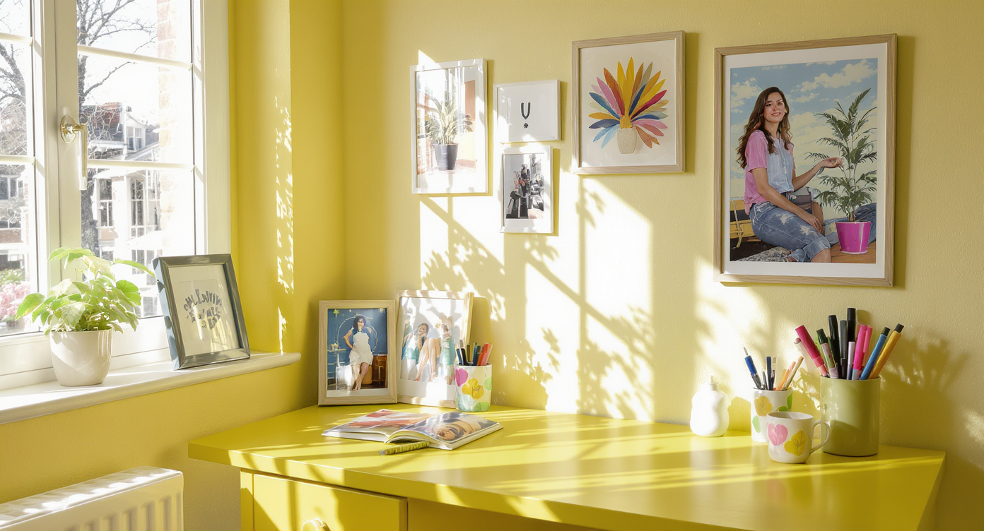 A personalized workspace filled with colorful art and personal accents, emphasizing individuality in decor.