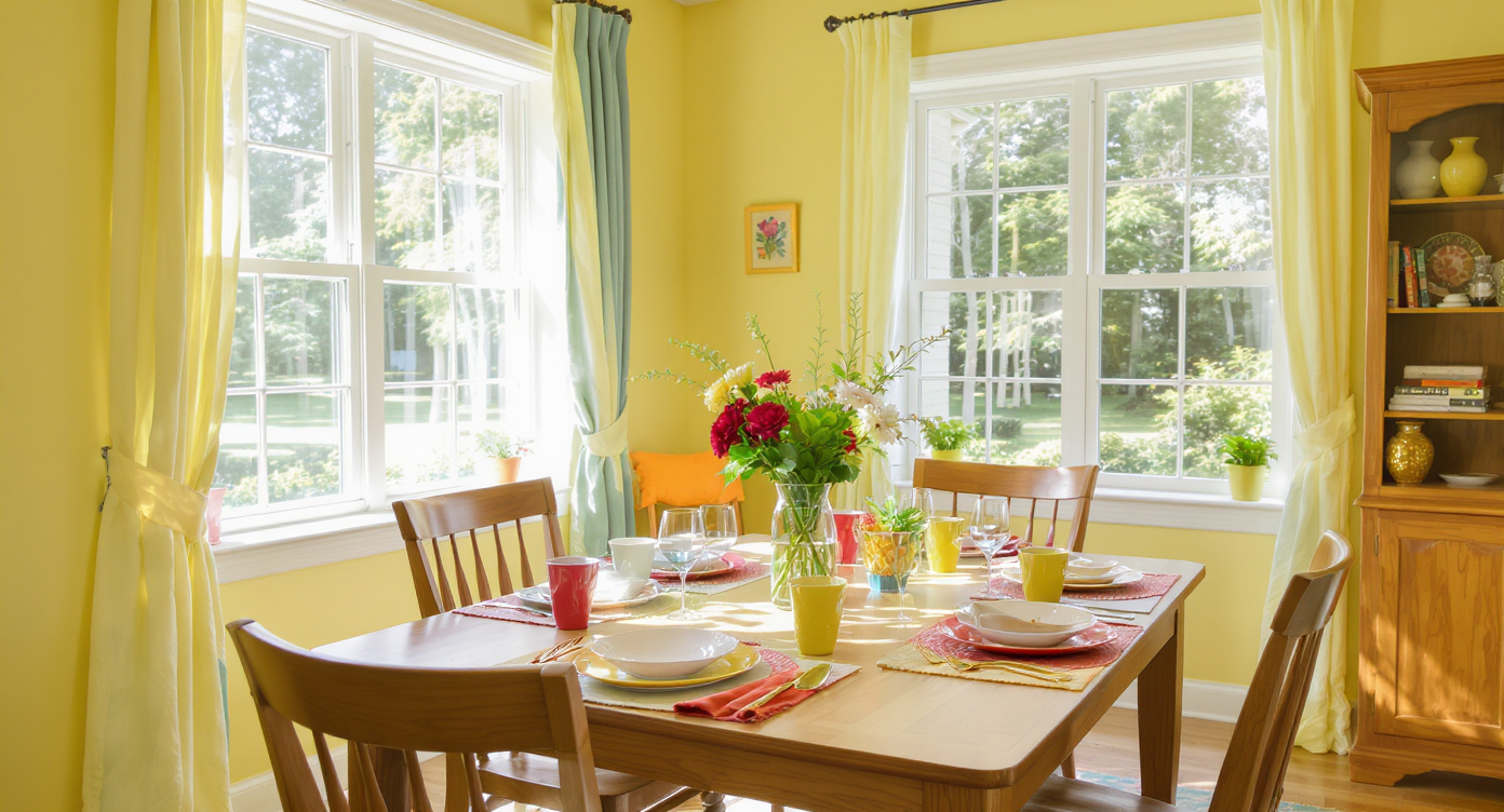 A dining area with natural light highlighting colorful decor, showcasing the balance between light and color.