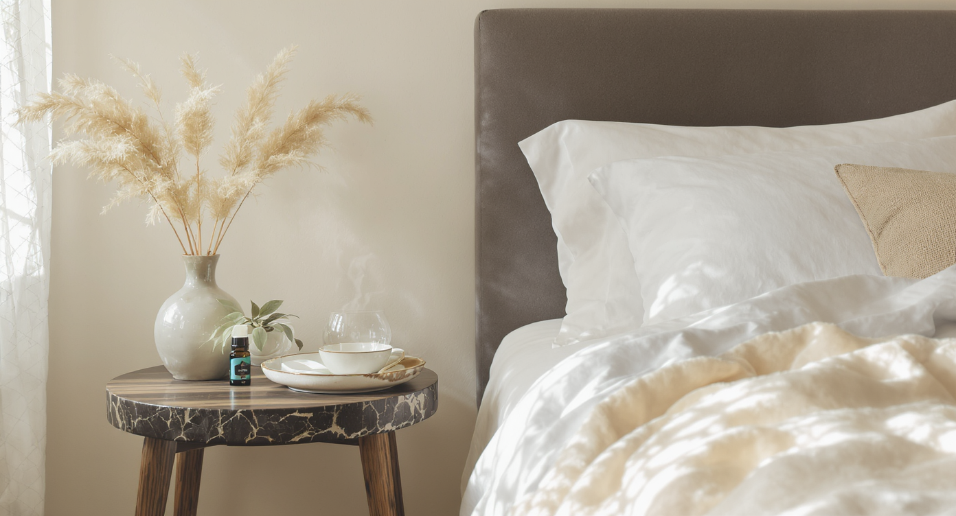 A soothing bedroom with a diffuser and plush decor, emphasizing the integration of scent and sound in design.