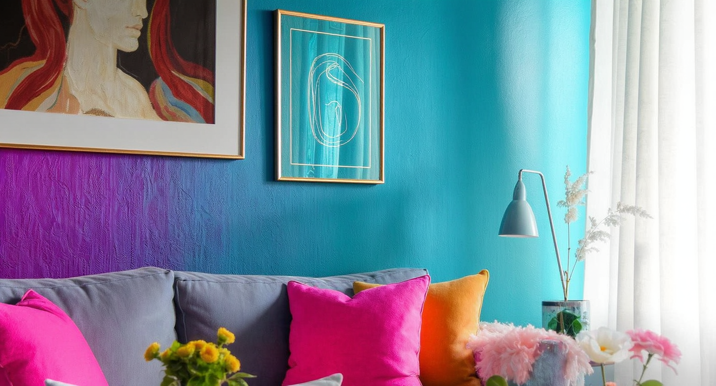 A vibrant wall painted in turquoise with colorful cushions and drapes, representing the essence of a signature color.