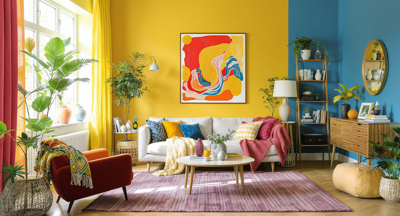 An inviting interior showcasing vibrant decor elements and thoughtful arrangements, reflecting dopamine decor.