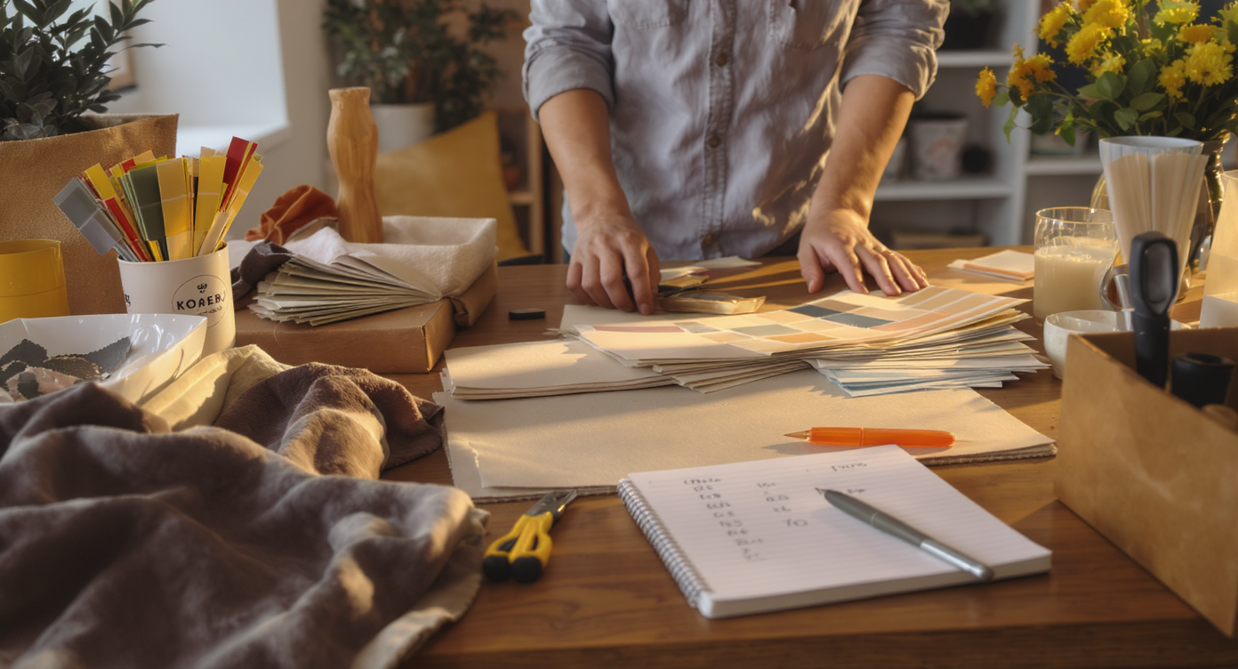A workshop setup with decor materials and tools, showcasing the process of personalizing a living space.