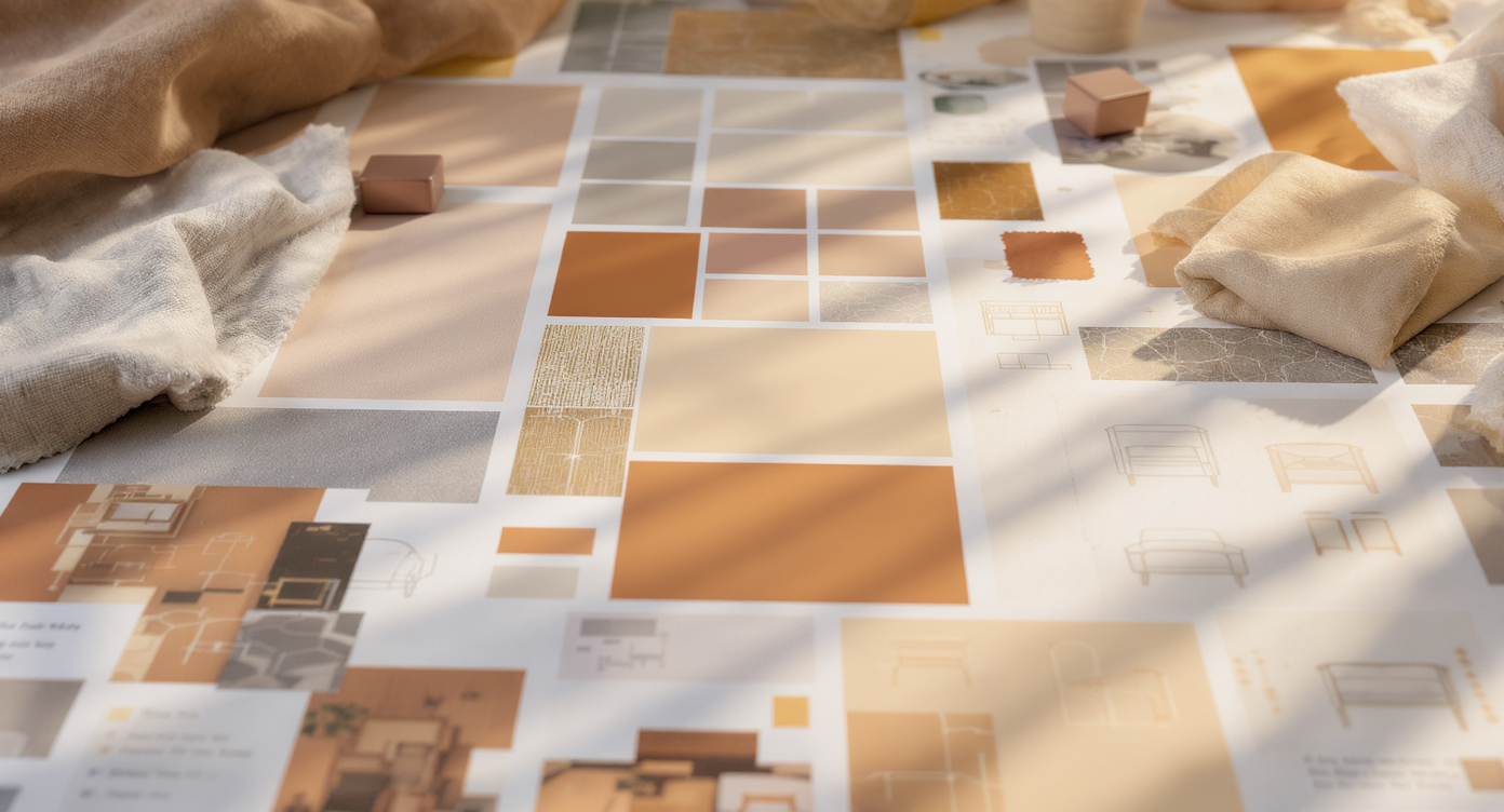 A mood board with decor swatches and color palettes designed for creating a personal sanctuary.