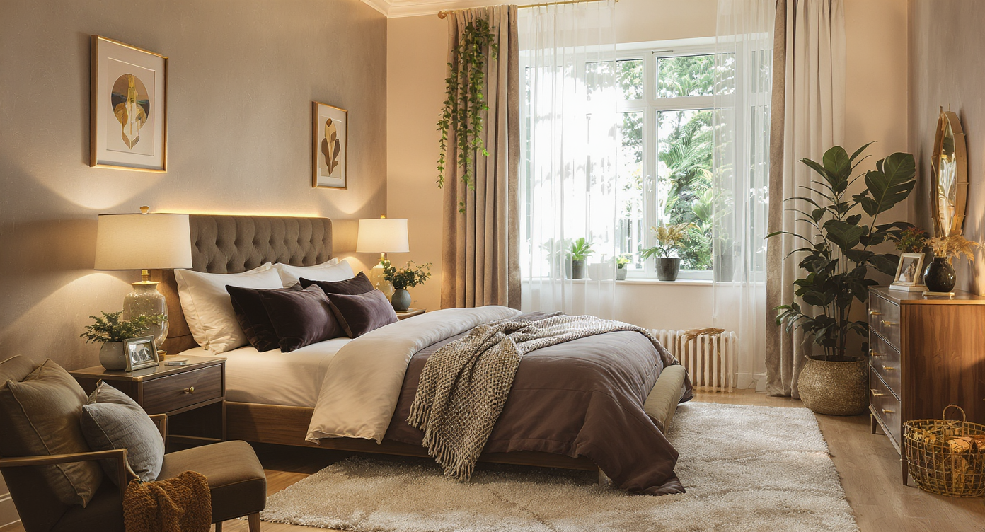 A serene bedroom sanctuary with soft colors, natural light, and inviting decor that promotes relaxation.