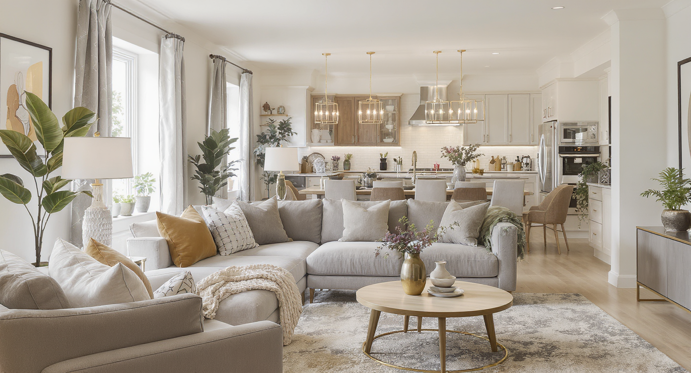 An open living area with visual continuity, featuring coordinated furniture, colors, and a natural flow between spaces.