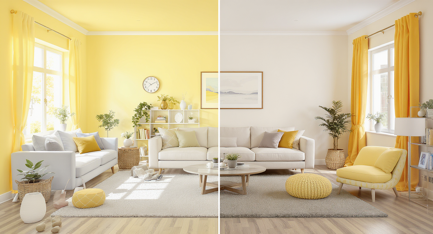 A visual guide contrasting common room design mistakes with ideal solutions, showcasing differences in decor and organization.