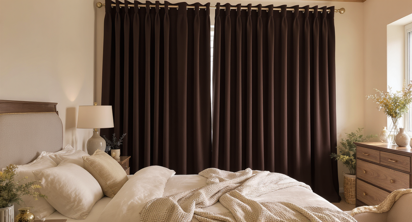 A tranquil bedroom with dark curtains fully blocking light, neutral decor, and a serene atmosphere.