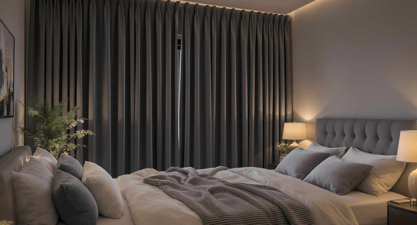 A cozy bedroom with plush furnishings and closed dark curtains, creating a calm environment without light intrusion.