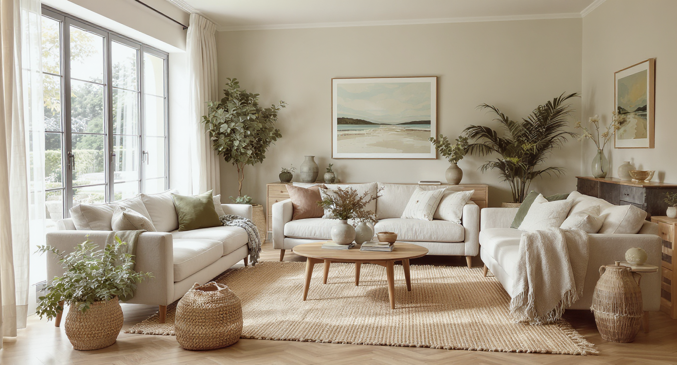 A spacious living room infused with organic elegance featuring natural textures and earthy colors.