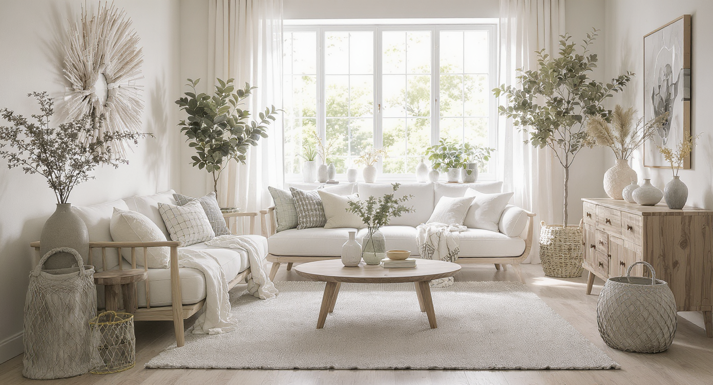 A serene living room designed to reflect nature's beauty with rustic elements and natural light.