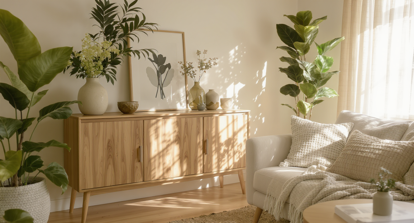 A cozy living room corner showing natural elements and elegant design.