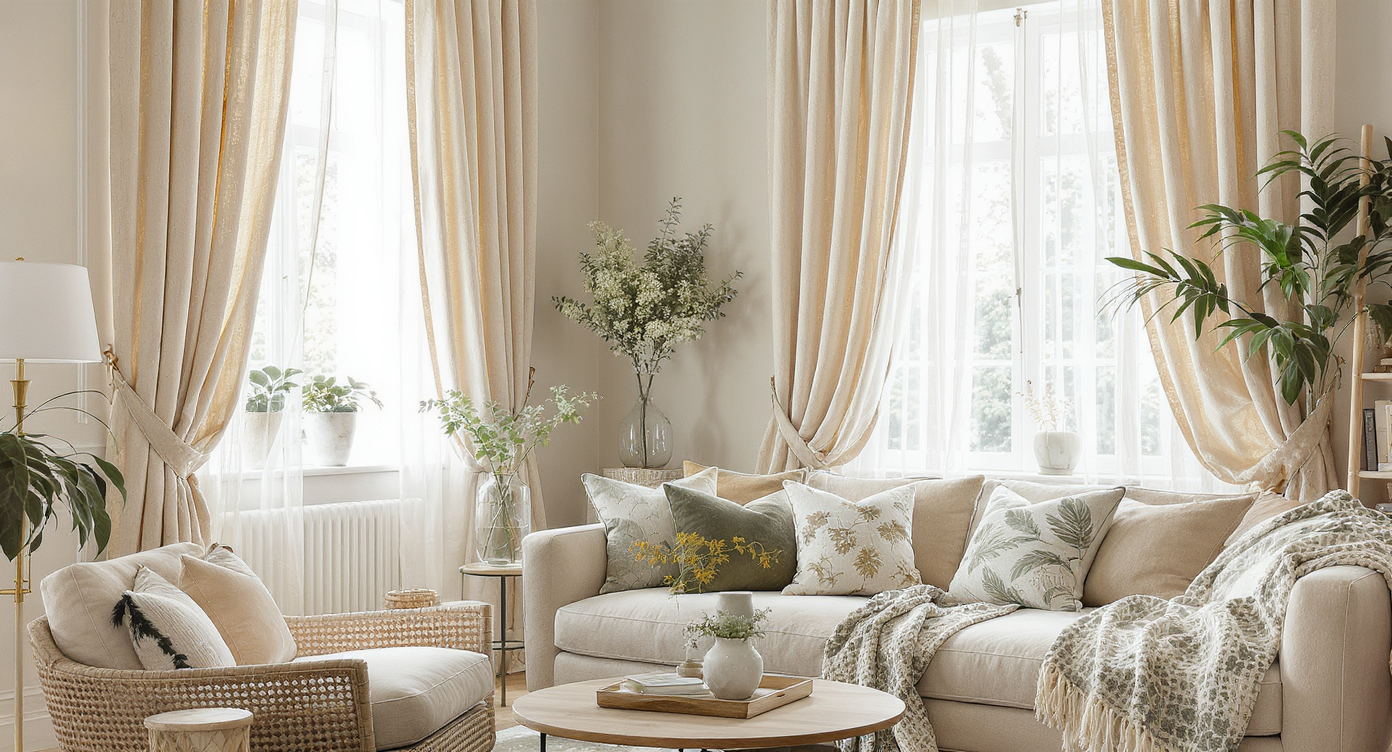 A living room with elegant drapery, layered textiles, and a cozy atmosphere highlighting organic design.