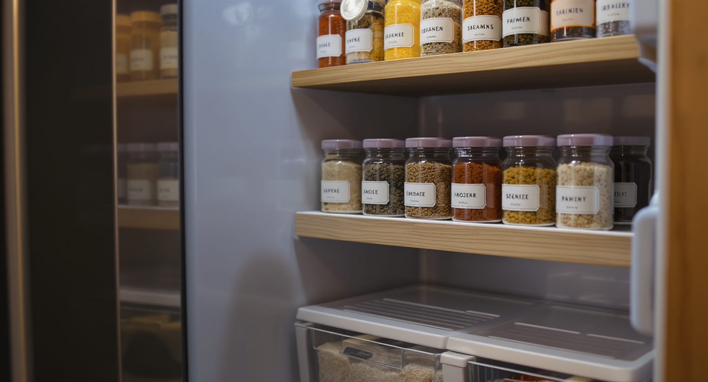 Fridge pantry cabinet showcasing labeled spice jars on organized wooden shelves, bathed in natural light.