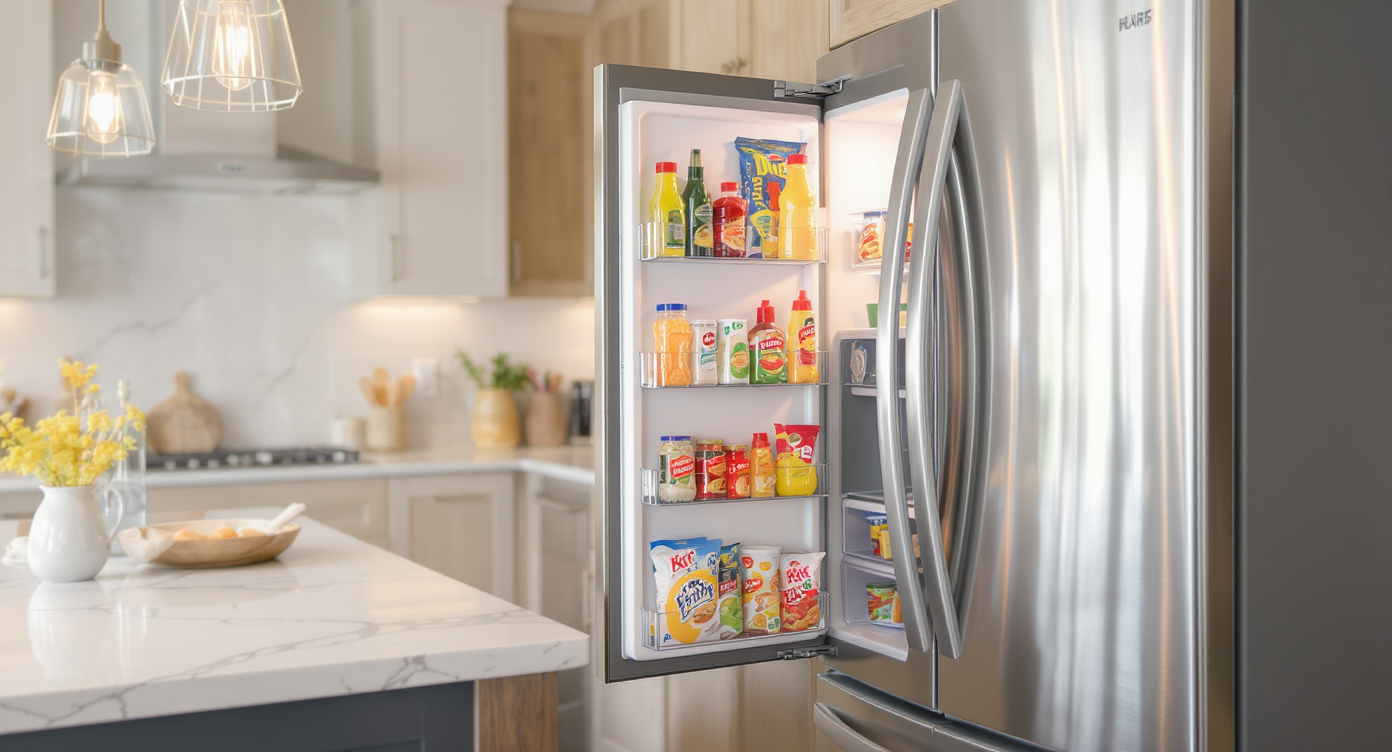 A modern kitchen with a compact fridge pantry cabinet beside a refrigerator, showcasing organized snacks.