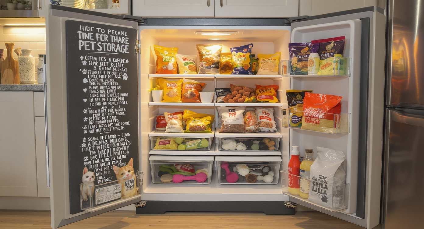 A modern fridge pantry cabinet discreetly storing pet food and supplies, with a chalkboard for notes.