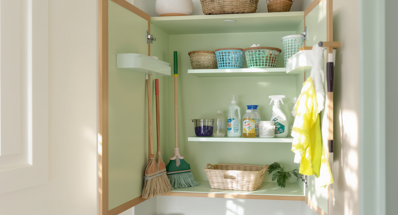 A slender pantry closet with cleaning supplies and a broom organized on shelves, illuminated by sunlight.