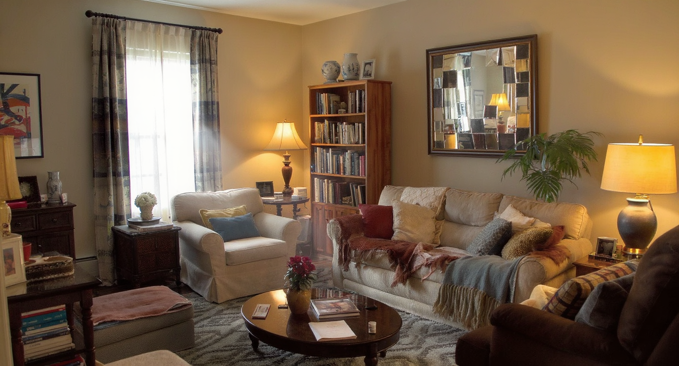 A cluttered living room illustrating common design mistakes.