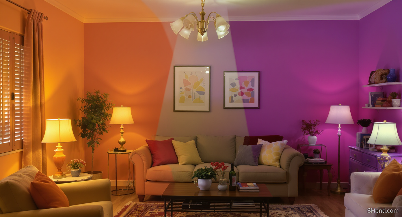 A colorful living room highlighting the effects of lighting and wall colors.
