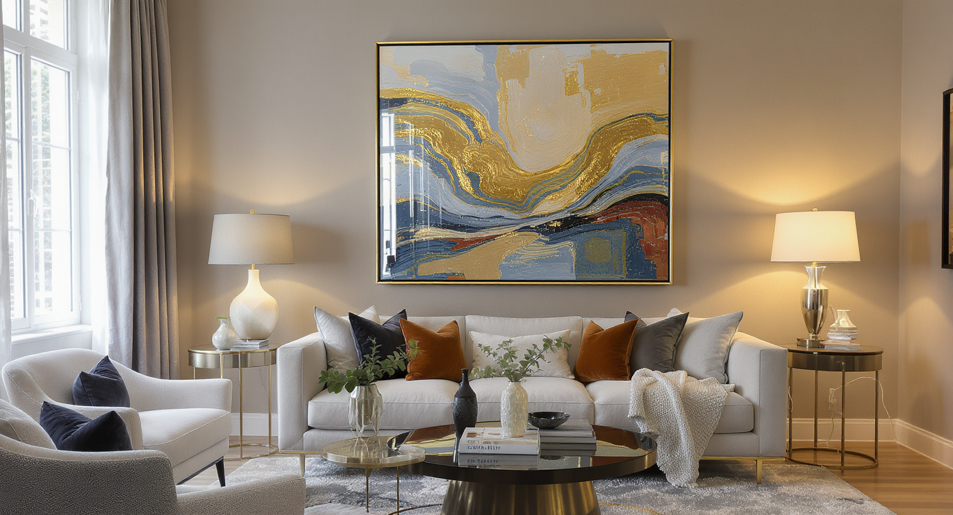 A stylish living room featuring a large mirror and vibrant artwork.