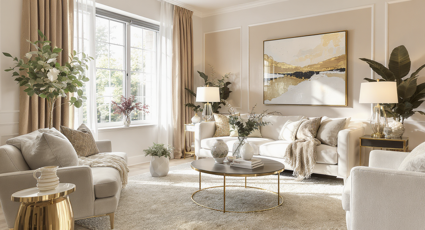 A stylish living room with natural light, neutral colors, and elegant decor.
