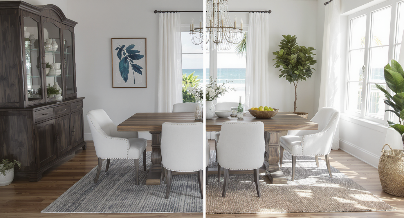 Living area with mismatched furniture materials and styles, lacking cohesion.