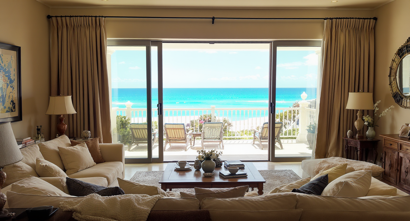 Living room with obstructed ocean view due to heavy furniture and curtains.
