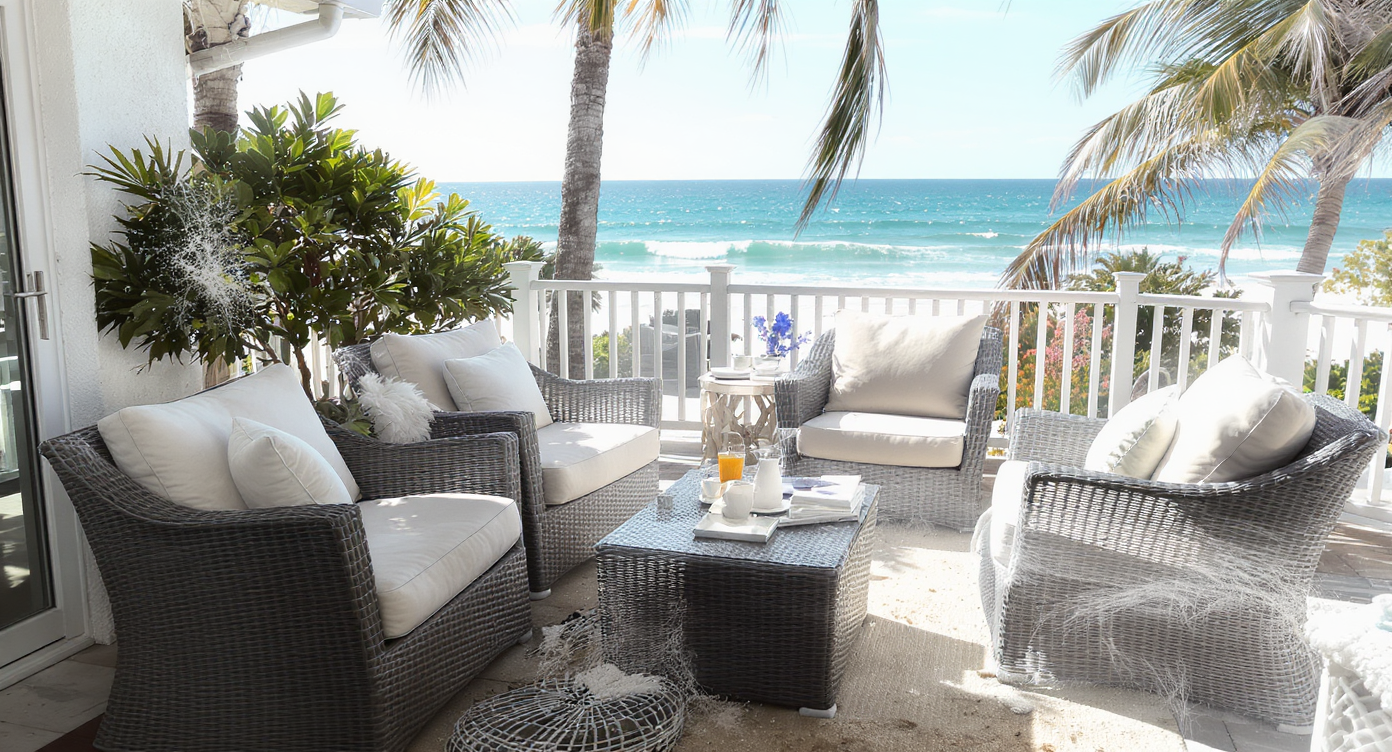 Beach terrace with worn furniture exposed to coastal weather conditions.