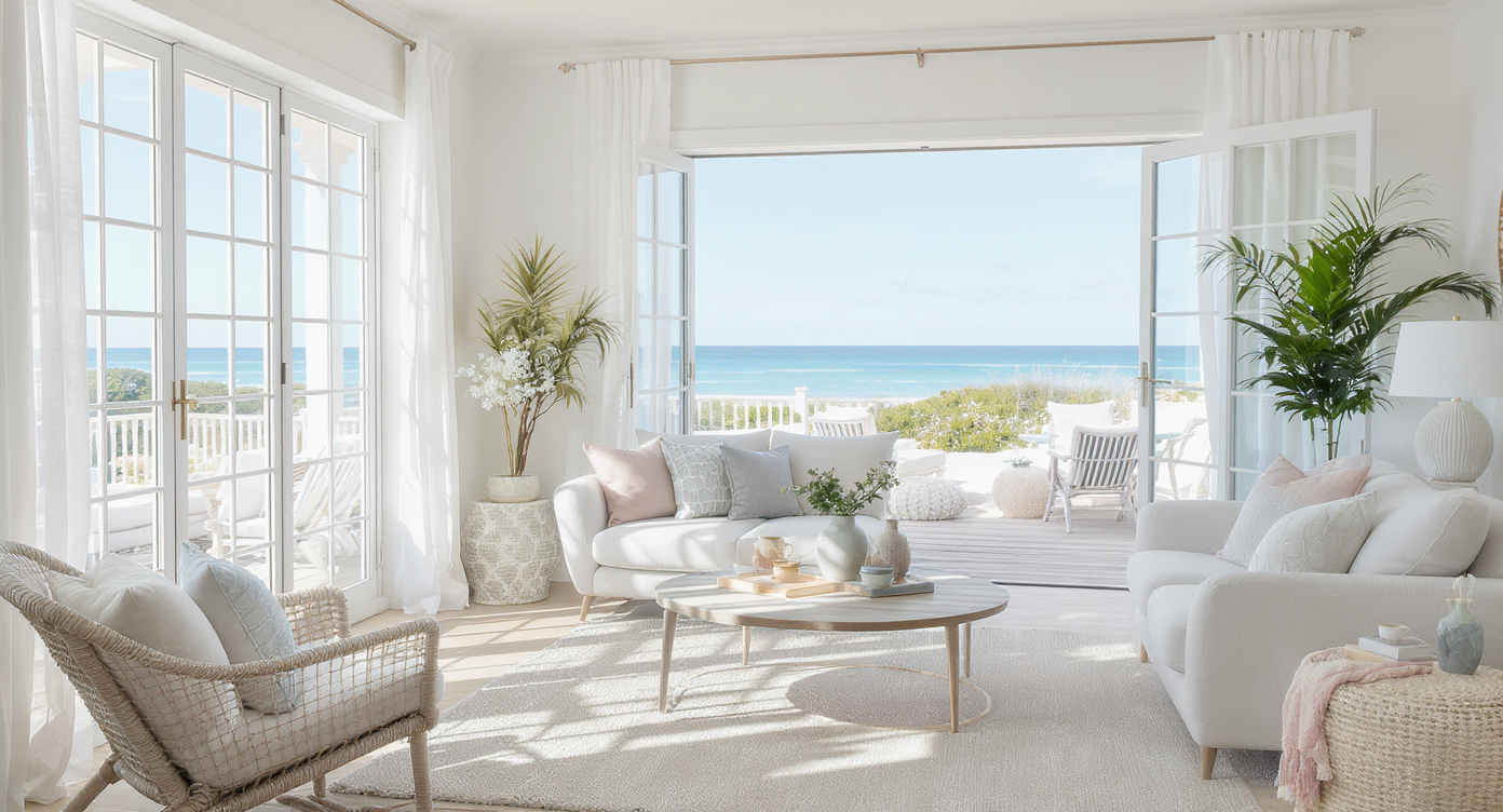 Bright living space with large windows, natural lighting, and soft color palette.