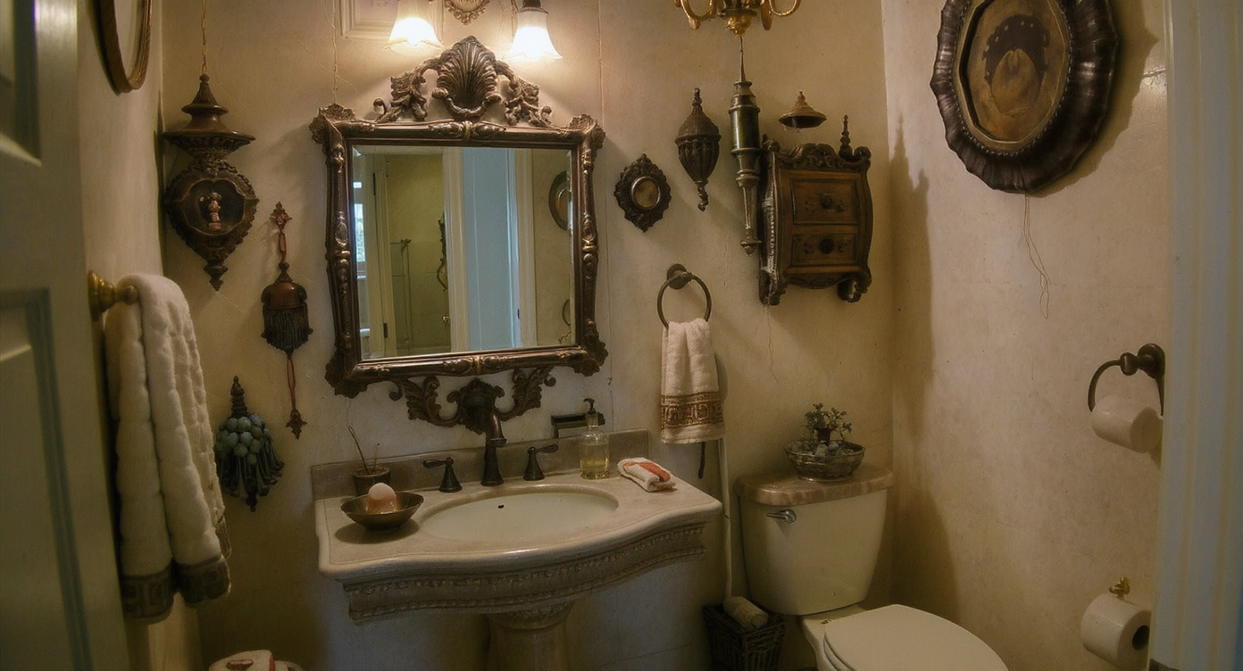 Bathroom with overly complicated fixtures and decor, lacking a serene vibe.
