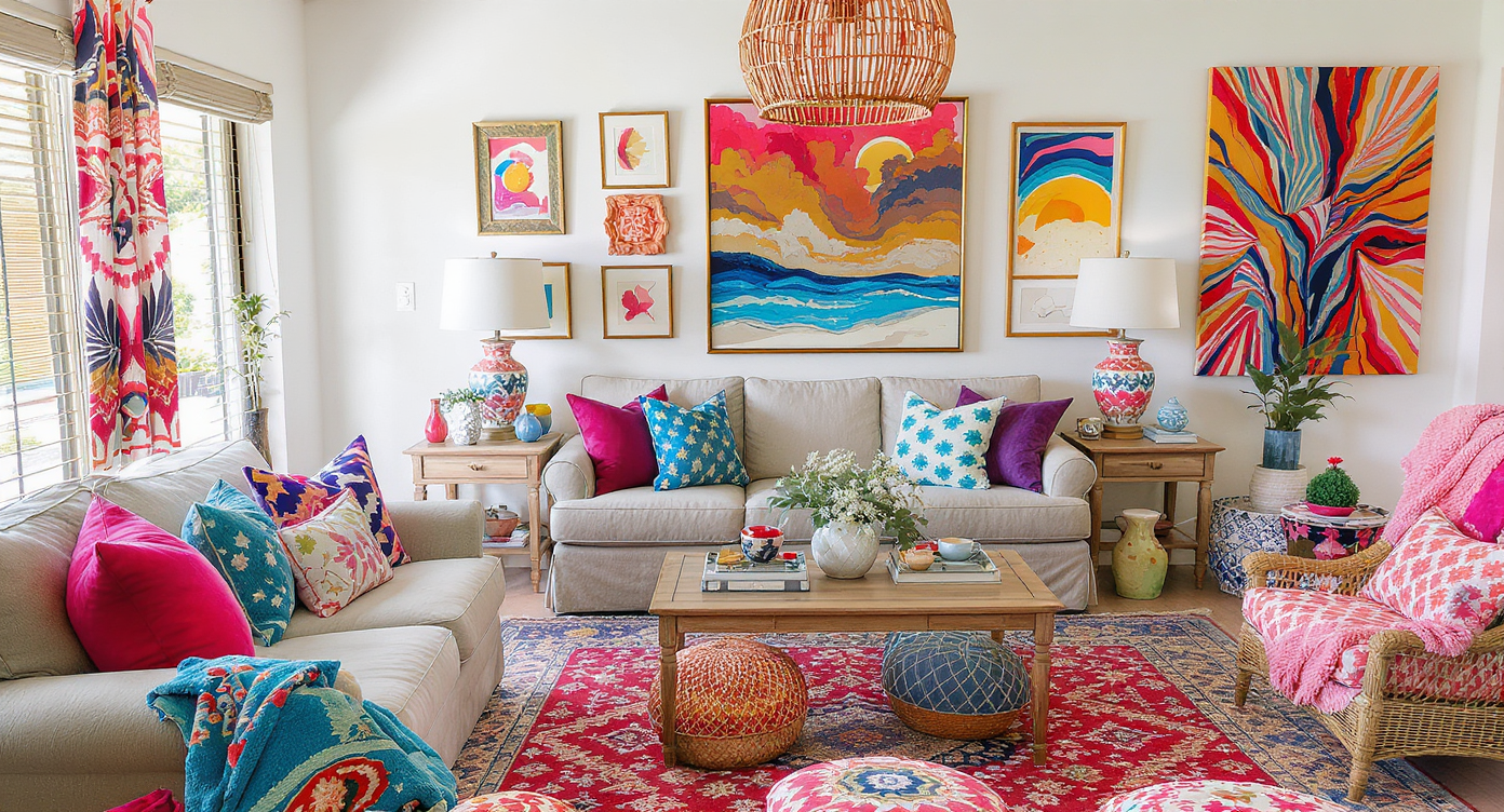 Living room with overwhelming patterns and colors, lacking cohesive design.