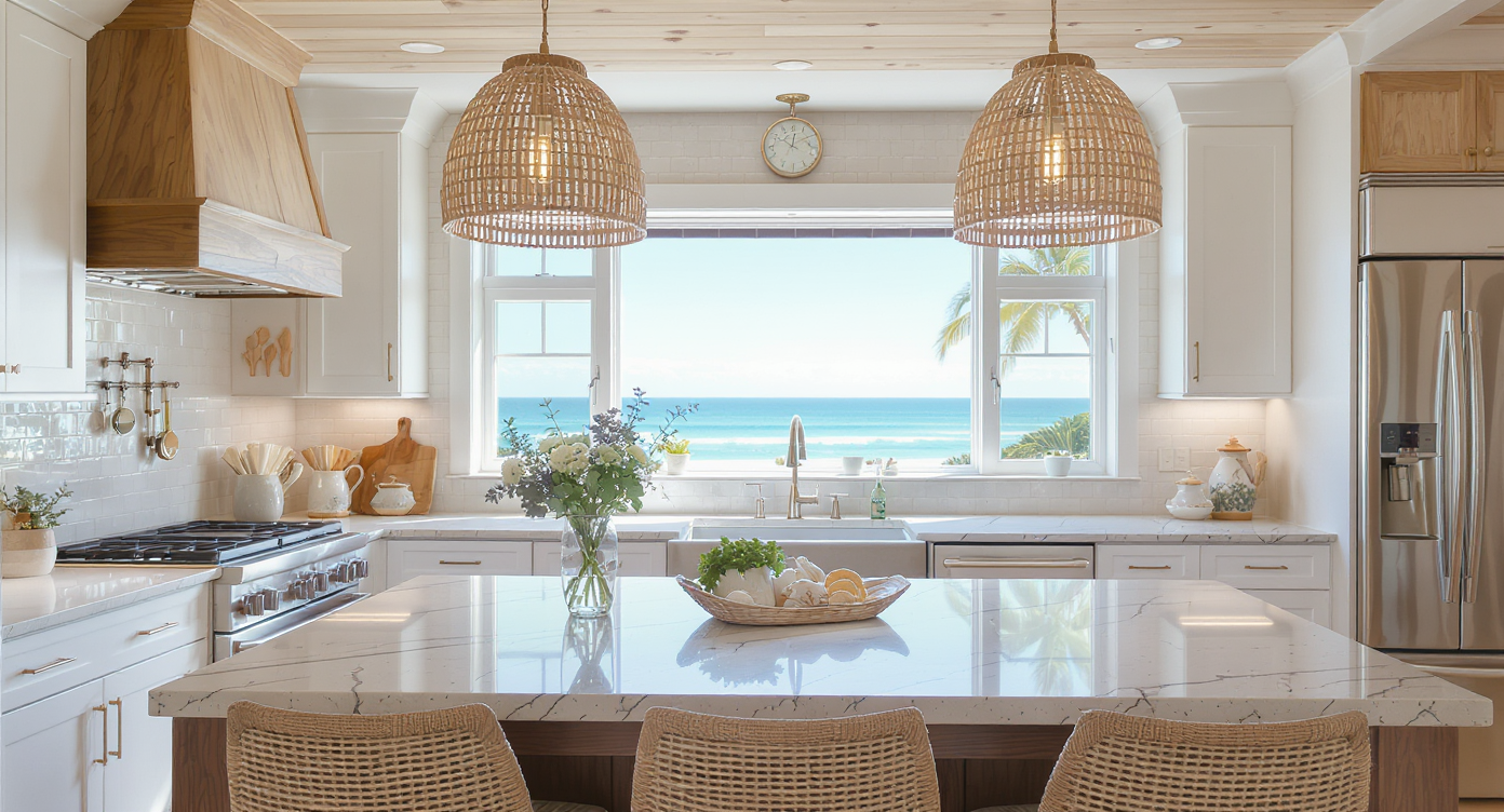 Modern beach house kitchen with a large island and ocean view.
