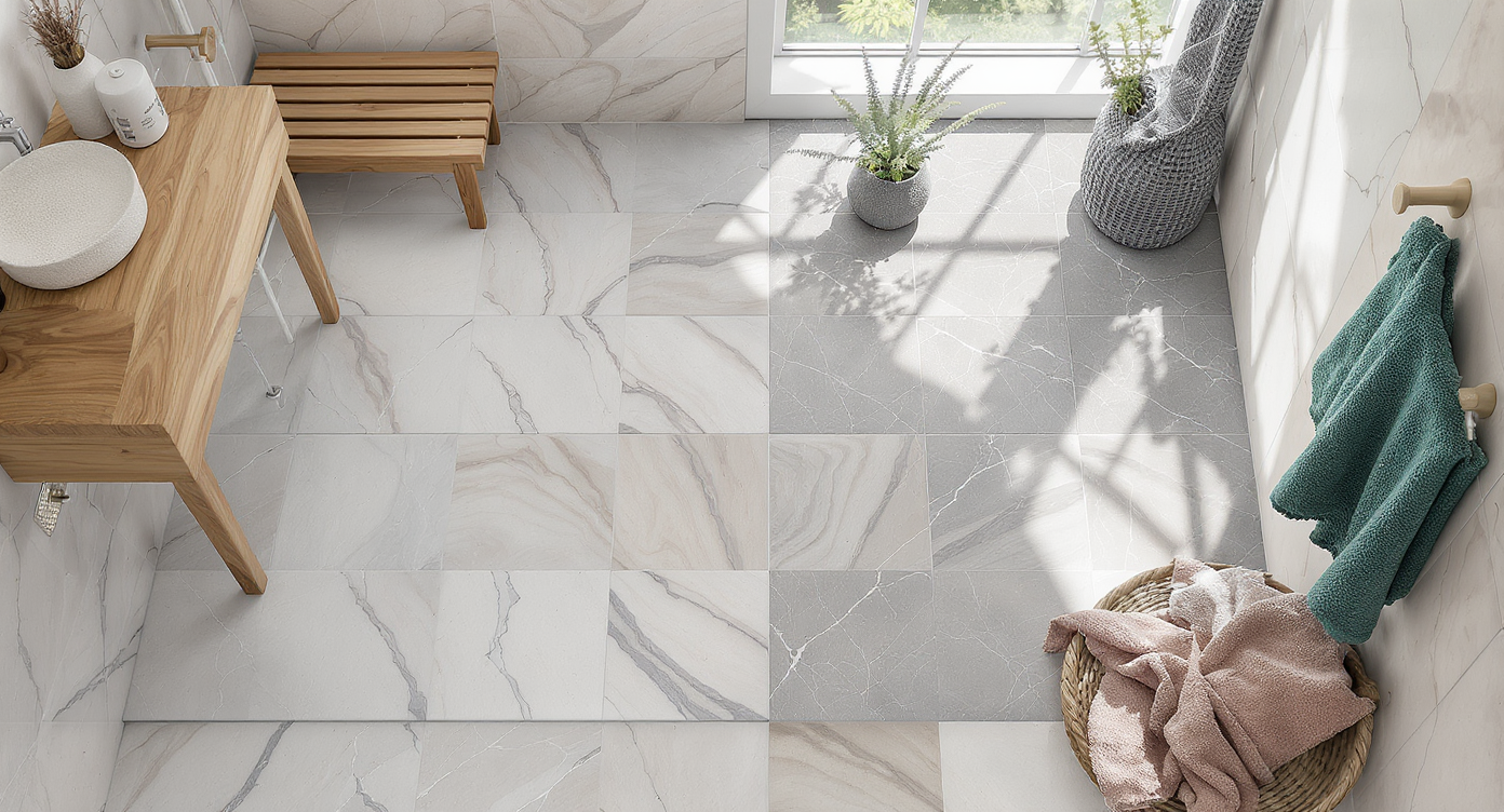A warmly lit shower area with stylish design elements such as tiles, a teak bench, and decorative towels.