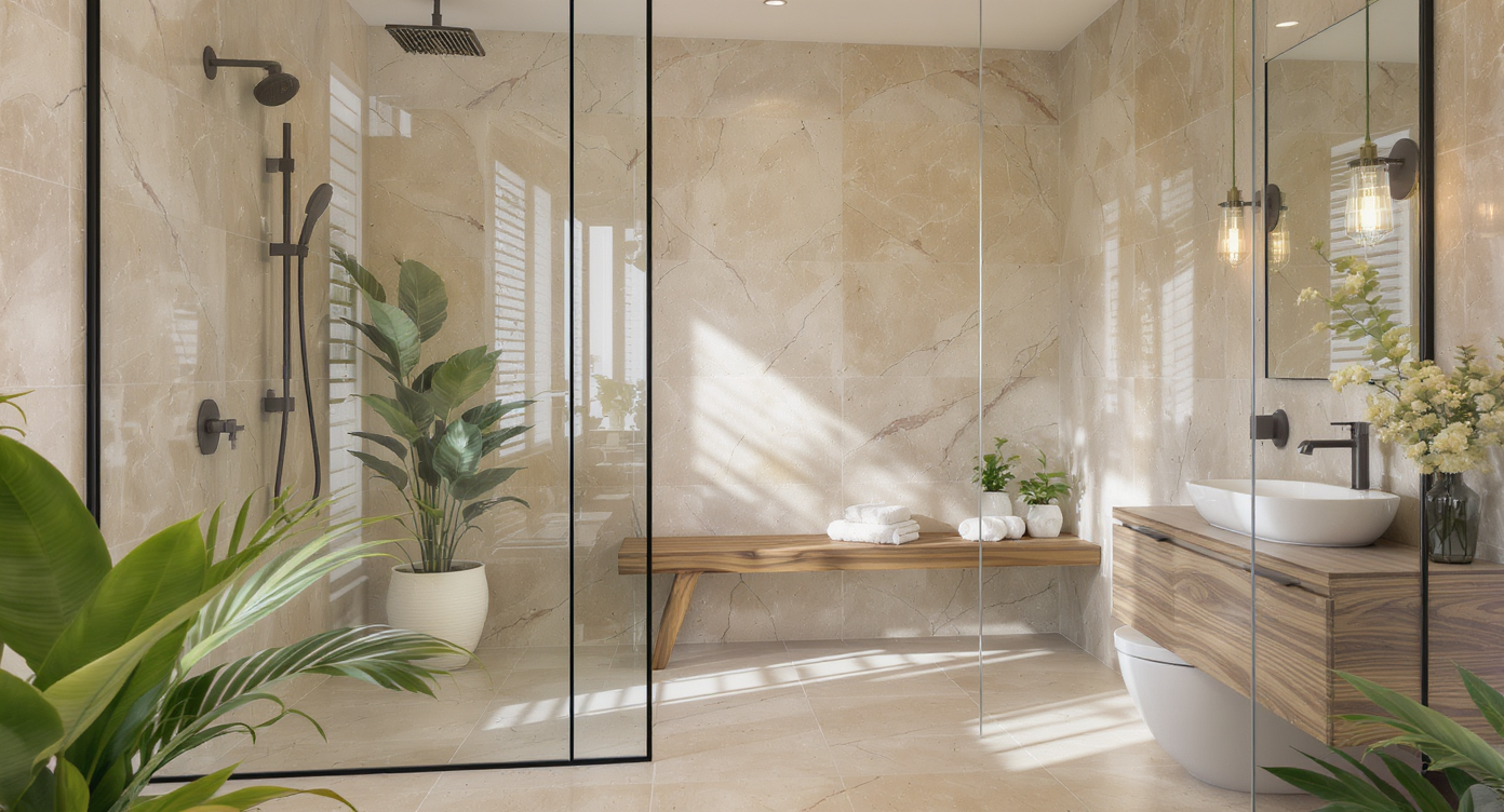 A modern long shower featuring a teak bench, natural stone tiles, and green houseplants in a well-lit space.