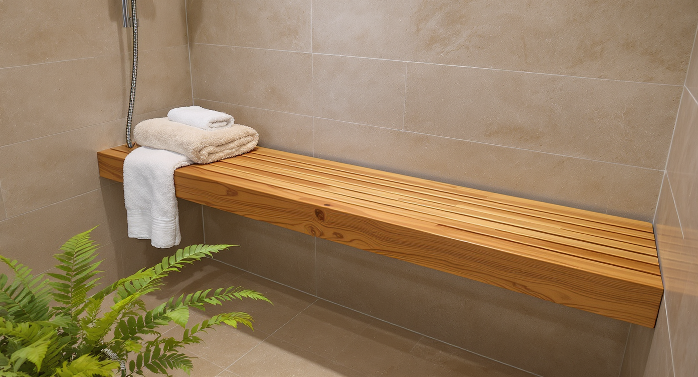 A teak bench in a long shower surrounded by stone tiles, towels, and greenery, creating a serene atmosphere.