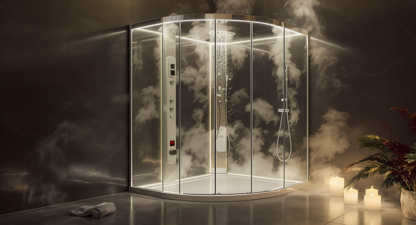 A luxurious steam shower with glass walls, soft lighting, and calming plants, evoking a spa-like feel.