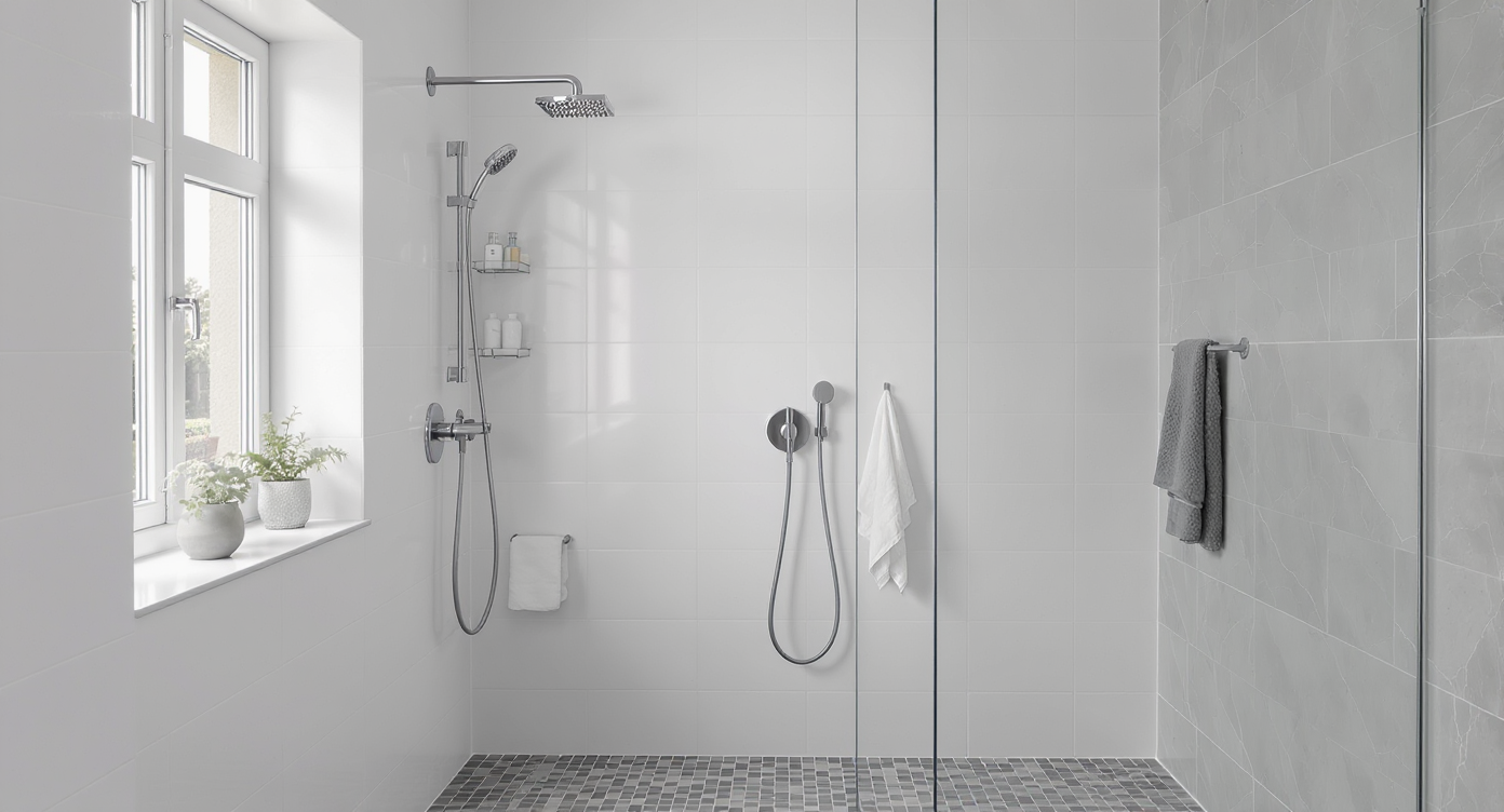 A minimalistic shower with clean lines, simple white tiles, and natural light creating an elegant atmosphere.
