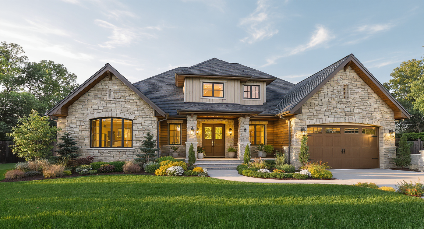 A modern home with stone and wooden accents, beautifully landscaped in a sunny setting.
