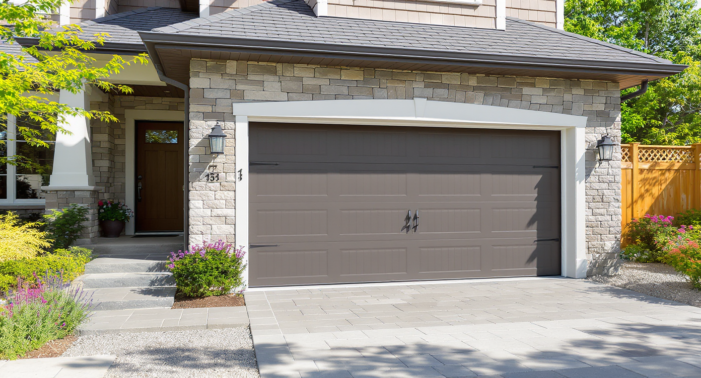 A modern garage with side entrance, harmoniously integrated with a contemporary home design.