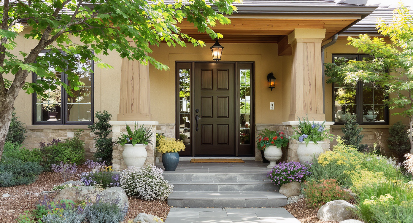 A welcoming entrance to a modern home with stylish landscaping and a front door.