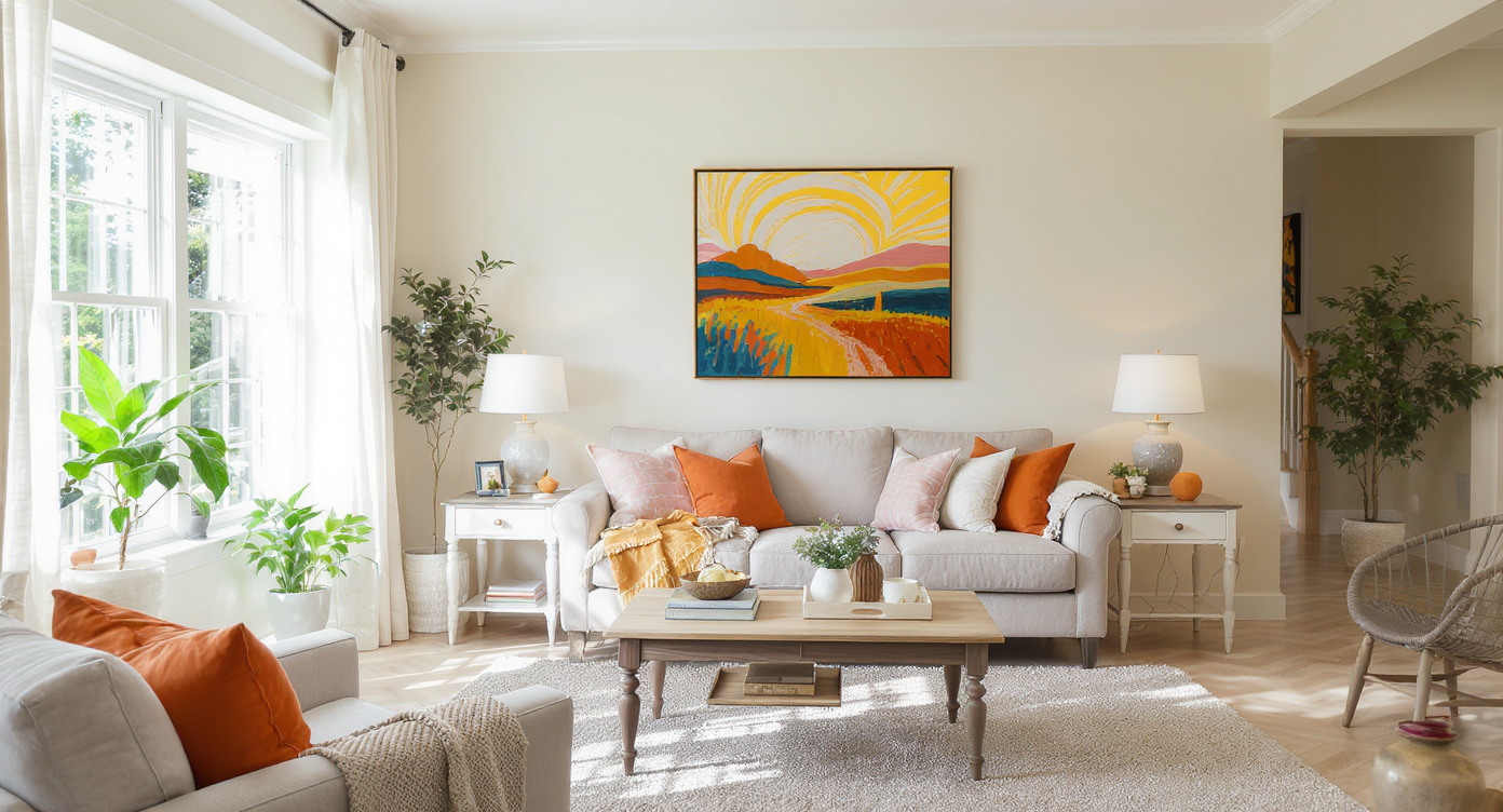 Bright living room with creative DIY painting styles on walls and colorful artwork.