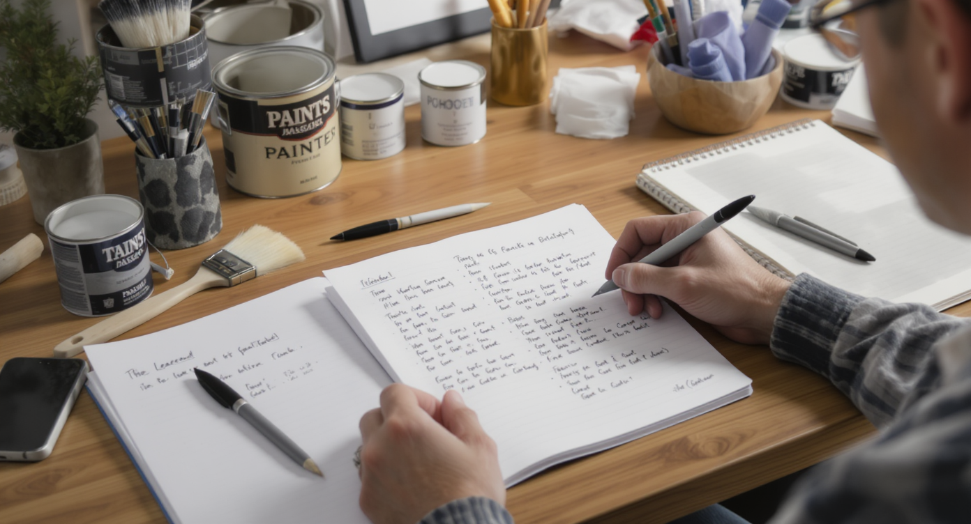 Homeowner analyzing past painting mistakes in an organized workspace.