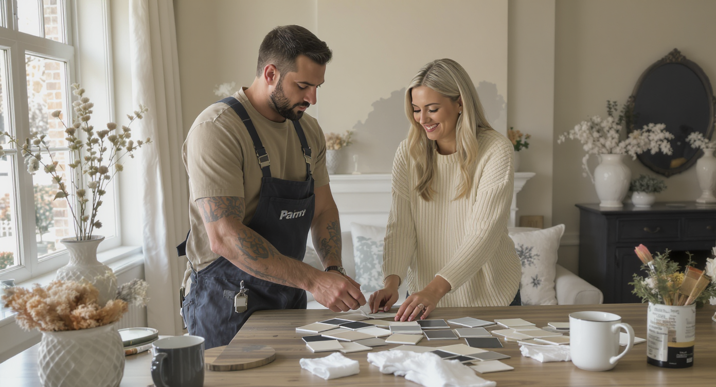 Professional painter and homeowner consulting over paint color swatches in a bright room.