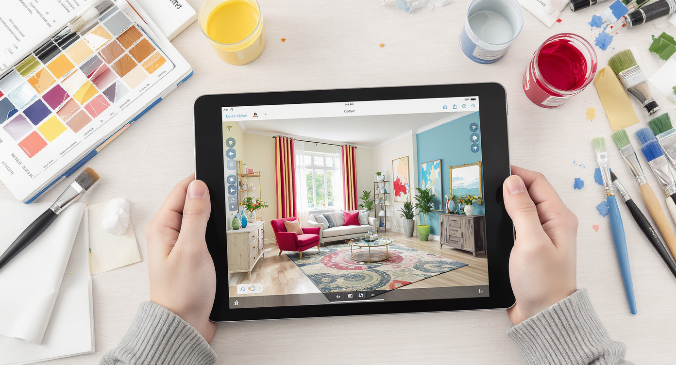 Tablet with a digital design tool showing a colorful room visualization.