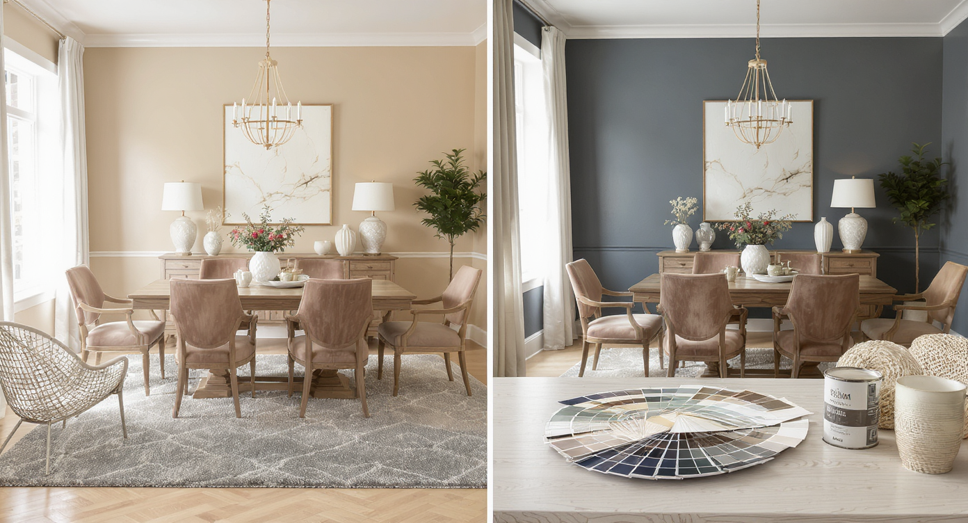 Dining room displaying different paint finishes in a tasteful setting.