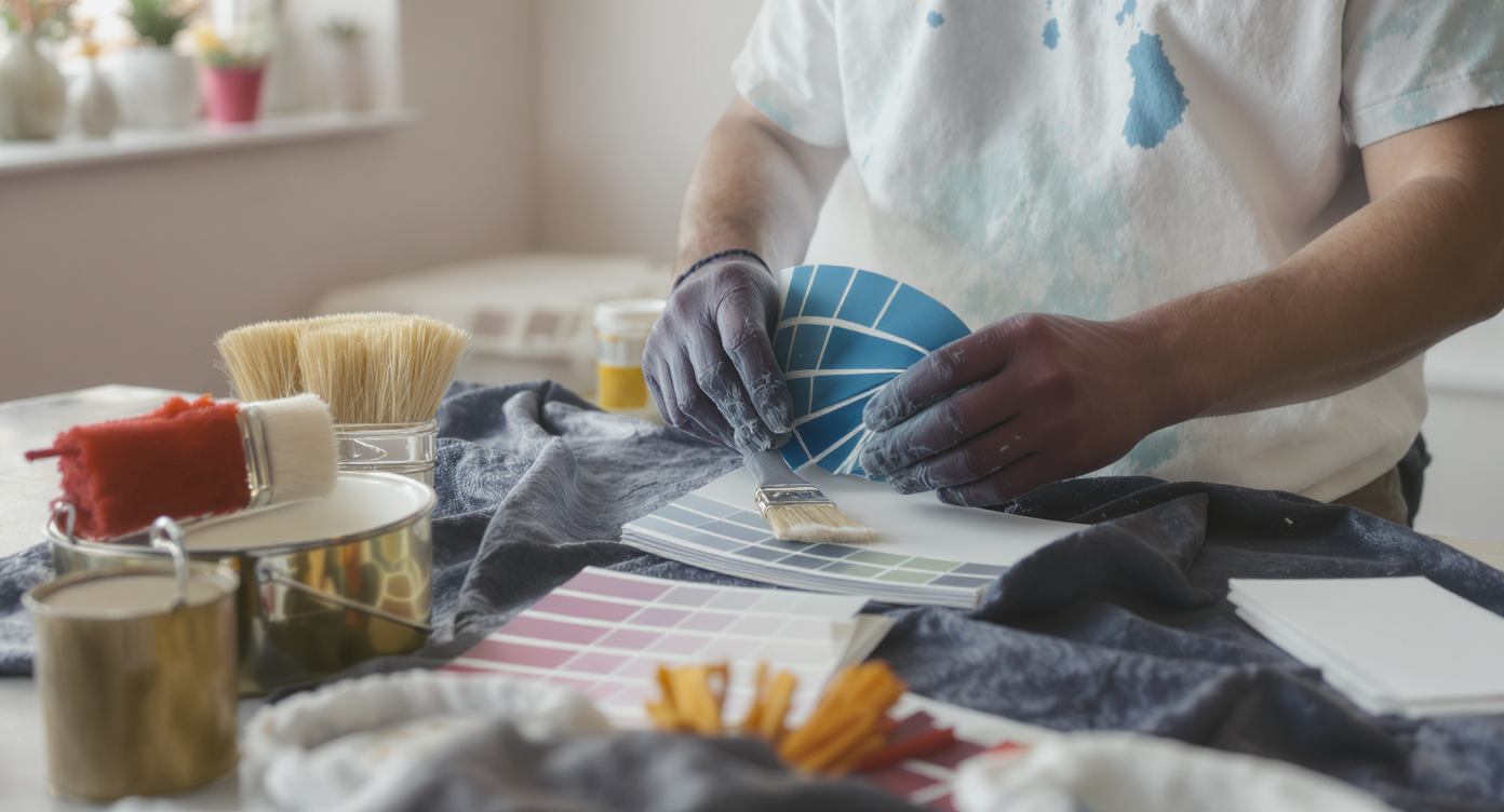 Homeowner analyzing paint swatches with organized painting supplies ready to use.