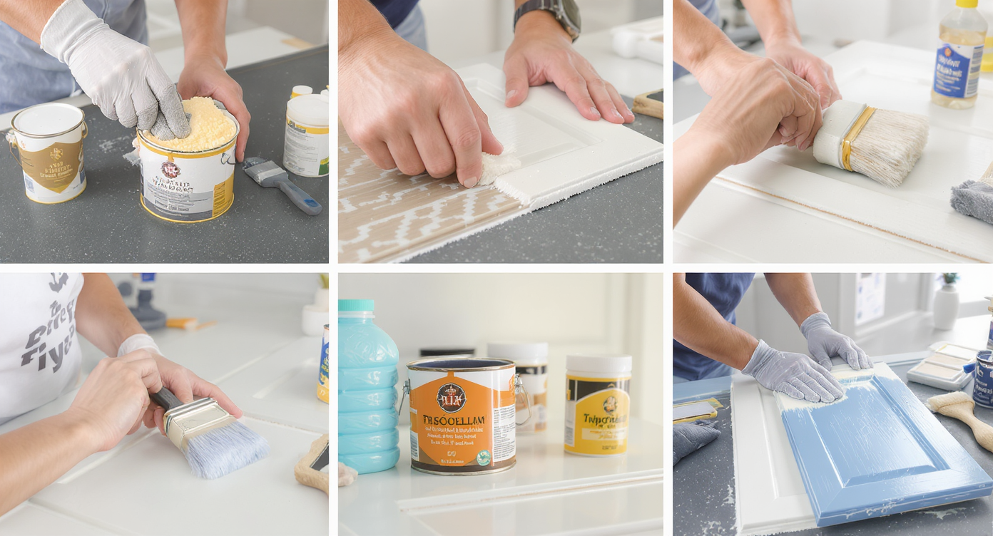 Step-by-step close-up of repainting kitchen cabinets, showcasing techniques and tools.