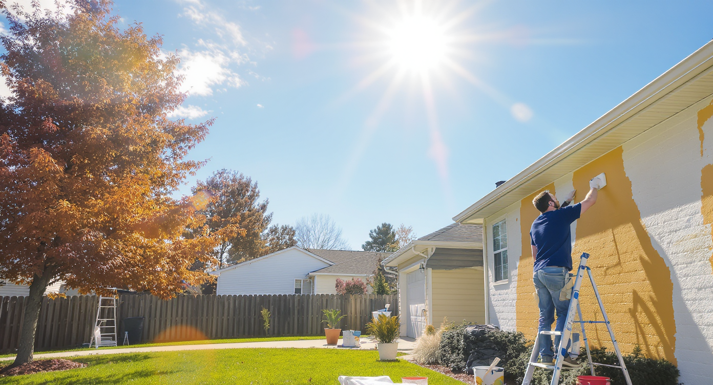 Homeowners painting the exterior of a house under ideal weather conditions.
