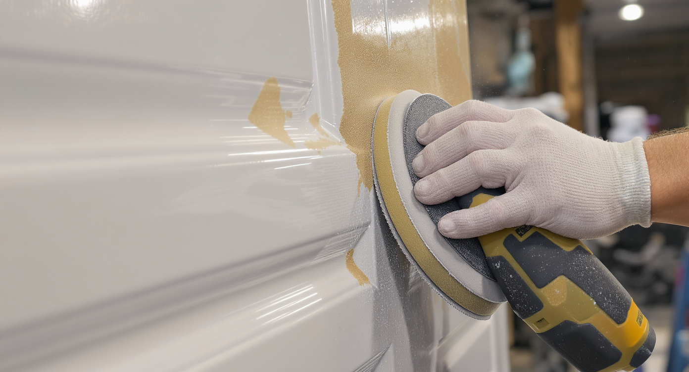 Homeowner sanding a glossy cabinet surface in preparation for repainting.