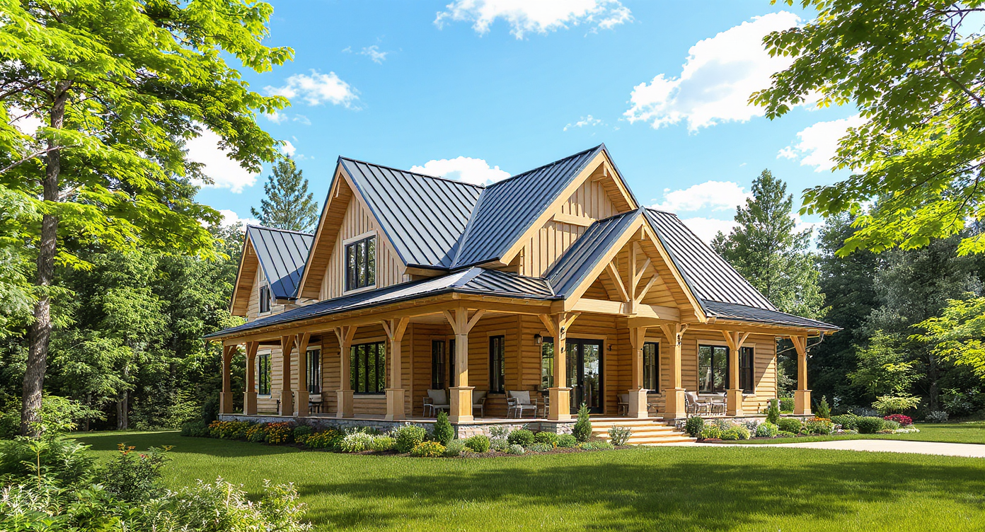 A modern post-frame constructed house with traditional and contemporary design elements.