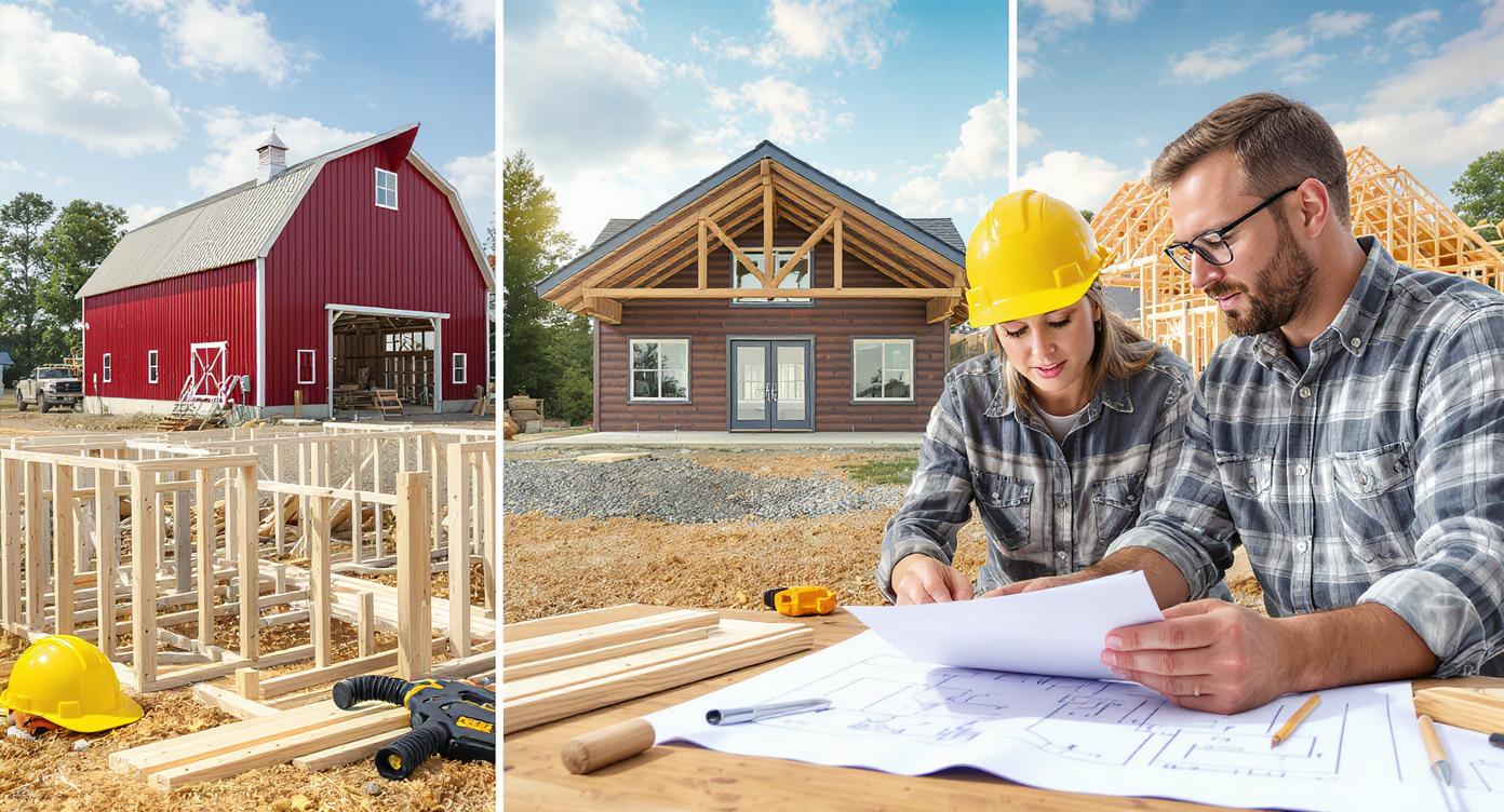 A collaborative scene of a builder and homeowner discussing blueprints for post-frame construction.